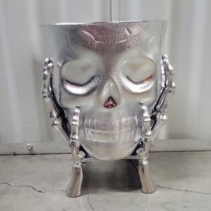Silver Skull Planter with Skeleton Hands. Candy Bowl. Holidays. Halloween